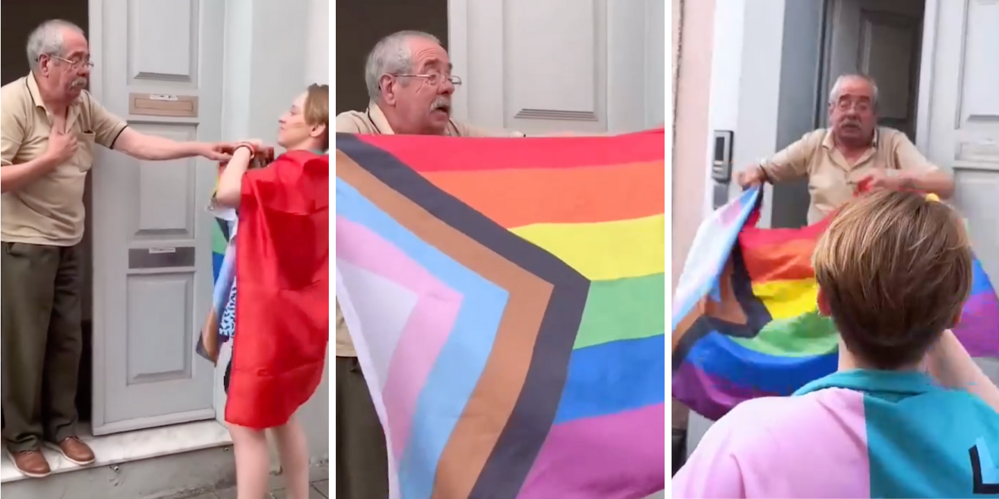 Idoso troca bandeira de Portugal por LGBTQIA+, abraça-a e fica viral. “Somos todos iguais”