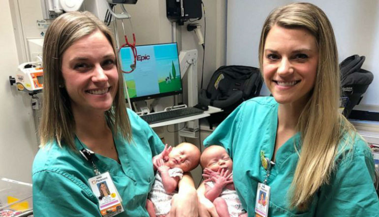 Enfermeiras gémeas auxiliam parto de duas meninas gémeas. As fotos estão a correr a internet