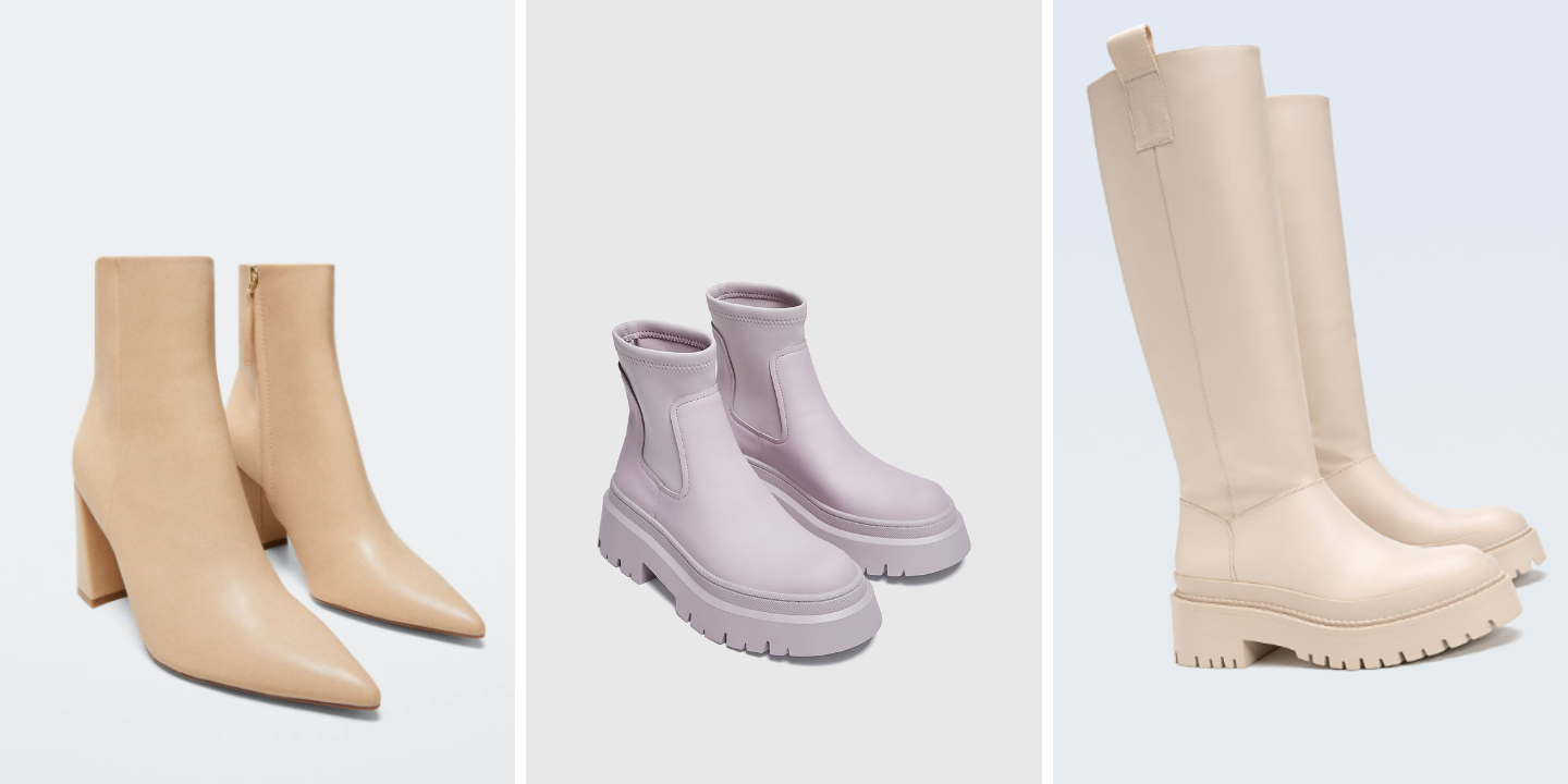 15 pares de botas em tons claros com preços a partir dos 29,95€ (há brancas, cinza, bege, rosa, tudo)