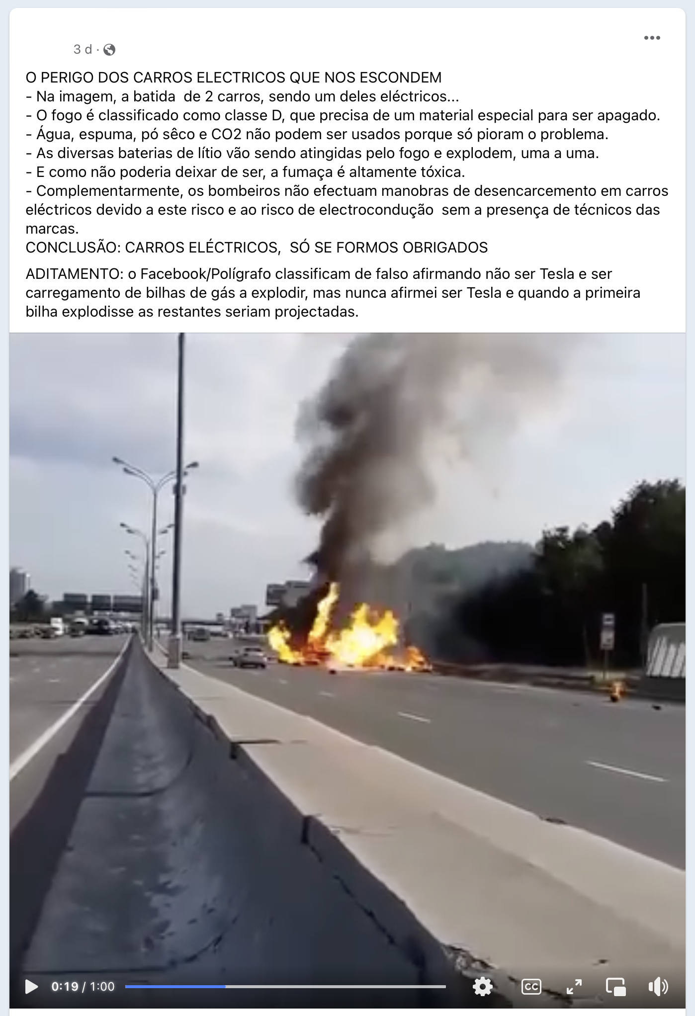 Não é possível apagar fogo da bateria de carro elétrico porque a água faz  com que o lítio arda, garante-se no Facebook - Polígrafo