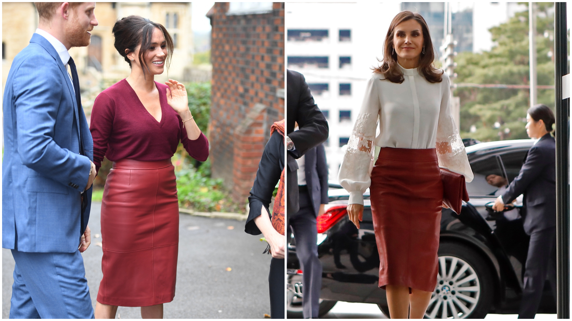 Com um dia de diferença, Letizia e Meghan Markle usam saia vermelha da marca Hugo Boss