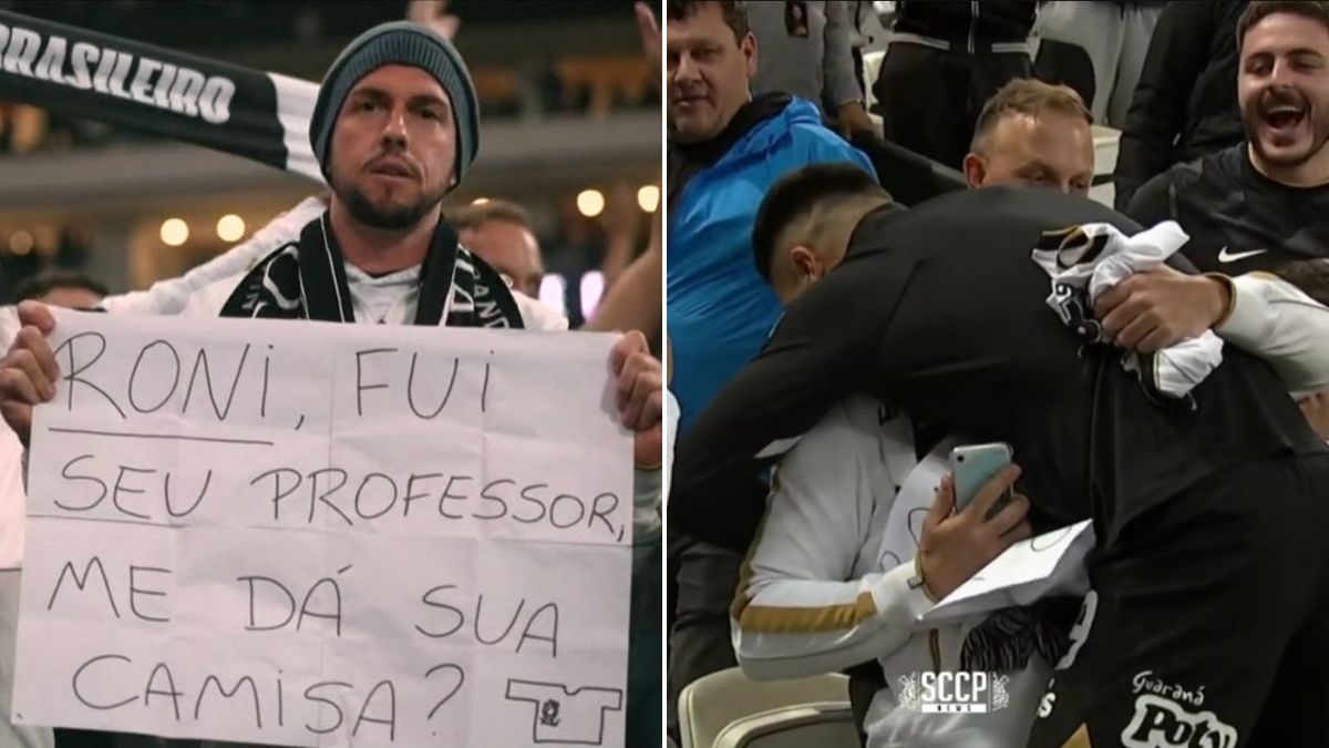 Emocionante. Craque brasileiro reconhece antigo professor na bancada, oferece-lhe a camisola e dá-lhe um longo abraço