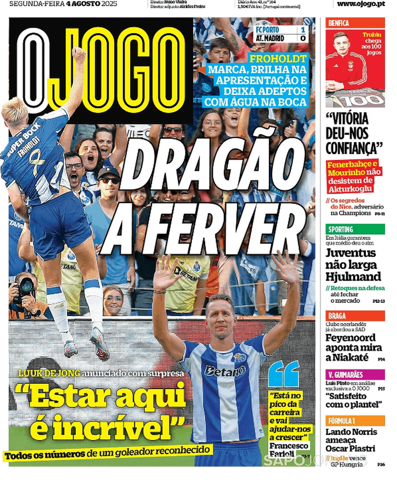 Capa do jornal O Jogo, com ênfase na vitória do FC Porto e a análise do seu novo reforço.