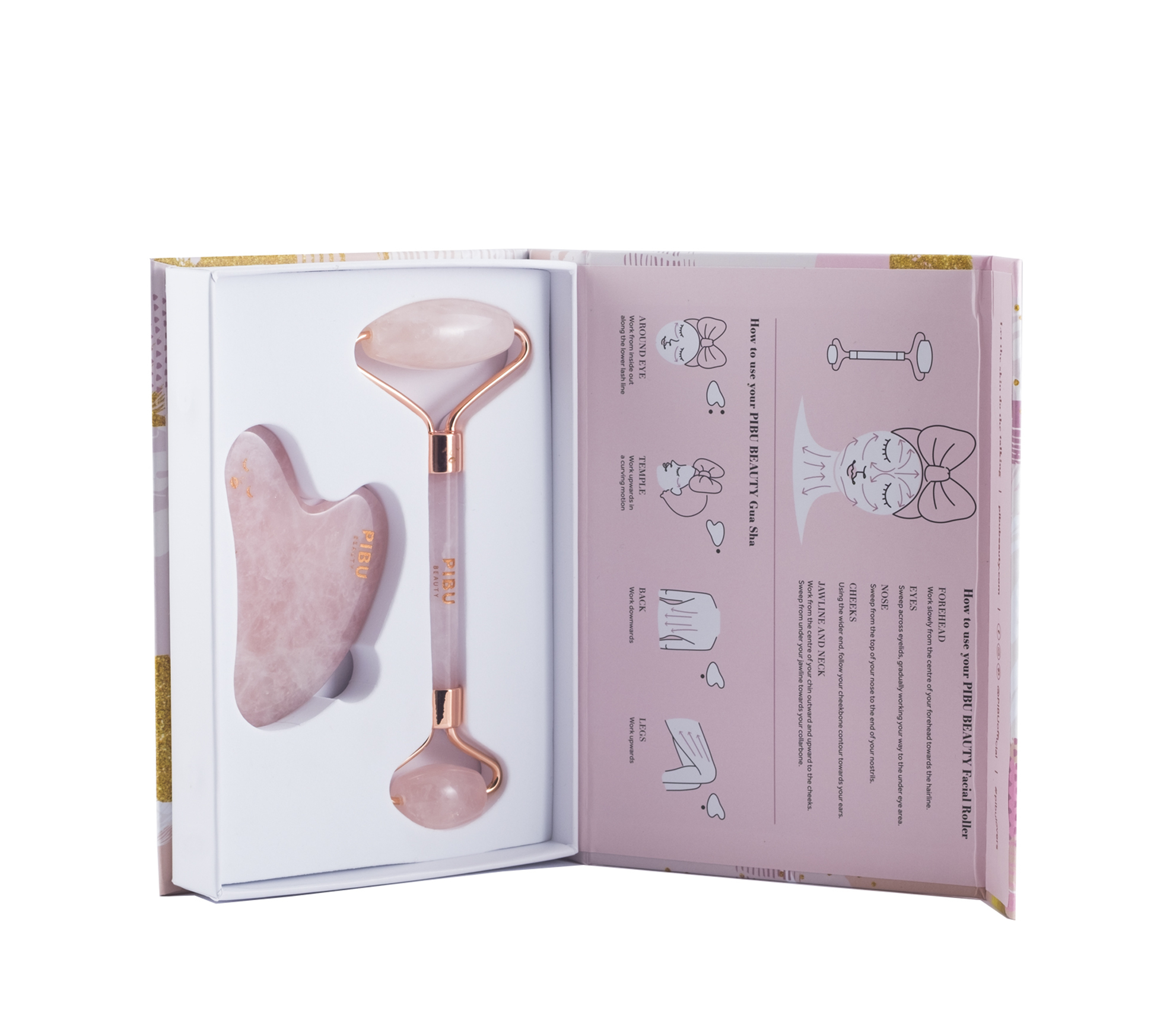 Pibu Beauty, Rose Quartz Facial Roller & Gua Sha Set