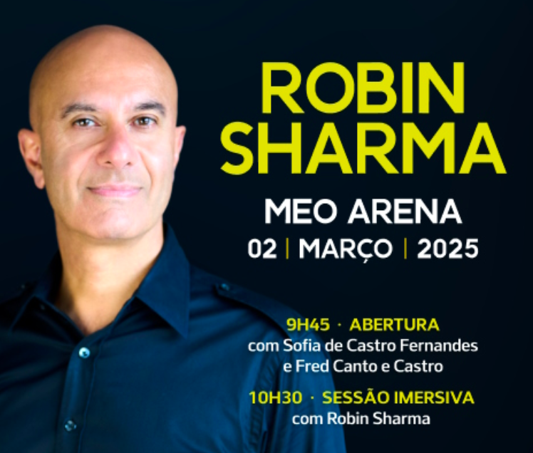 Robin Sharma em evento em Portugal. Comprar livros do autor dá desconto nos bilhetes