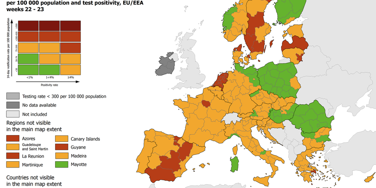 Portugal no amarelo, leste da Europa pintada de vermelho. ECDC divulga mapas  sobre Covid-19 – Observador