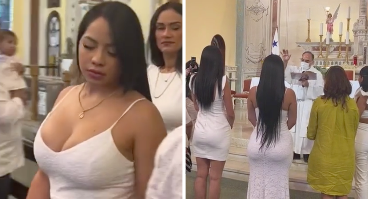 Mãe leva vestido justo e enorme decote ao batizado do filho e cai-lhe tudo em cima. Veja o vídeo