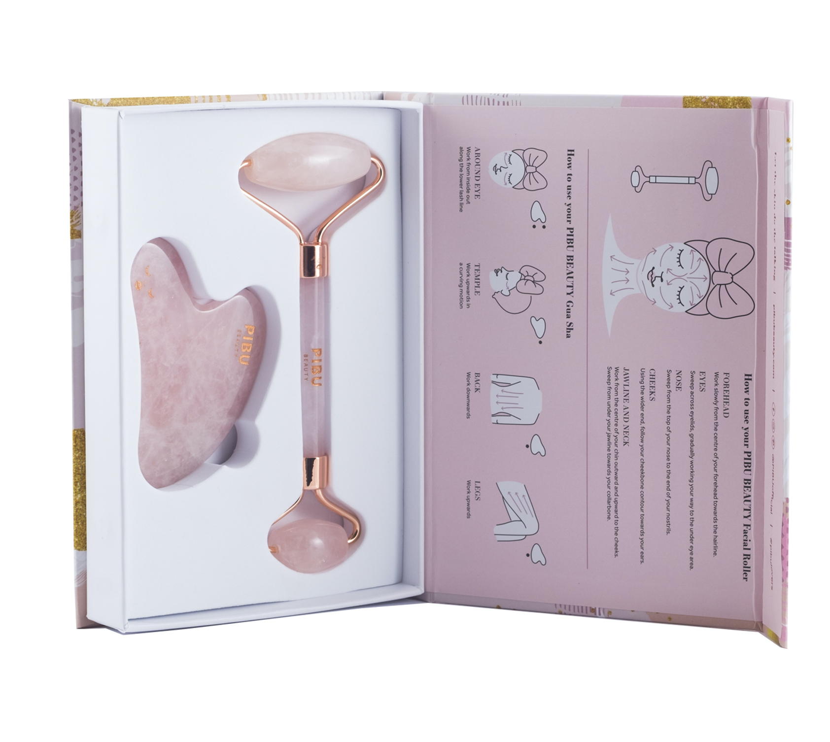 Pibu Beauty, Set de Roller Facial & Gua Sha de Quartzo Rosa