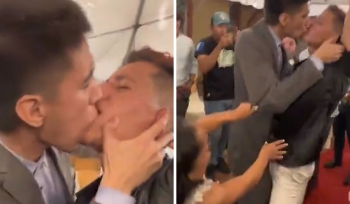 Casamento insólito. Convidado e noivo começam a beijar-se e é a noiva que os tenta separar. Veja o vídeo