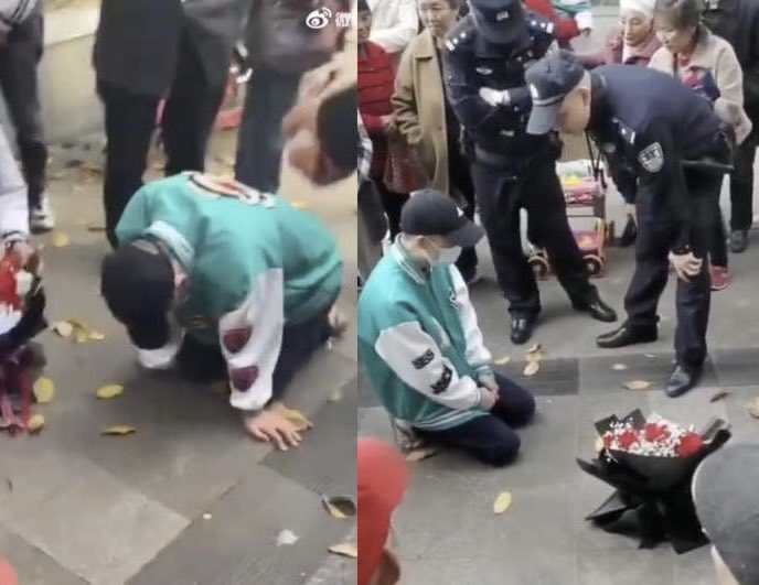 Homem ficou ajoelhado quase um dia inteiro à porta do trabalho da ex para que ela o perdoasse
