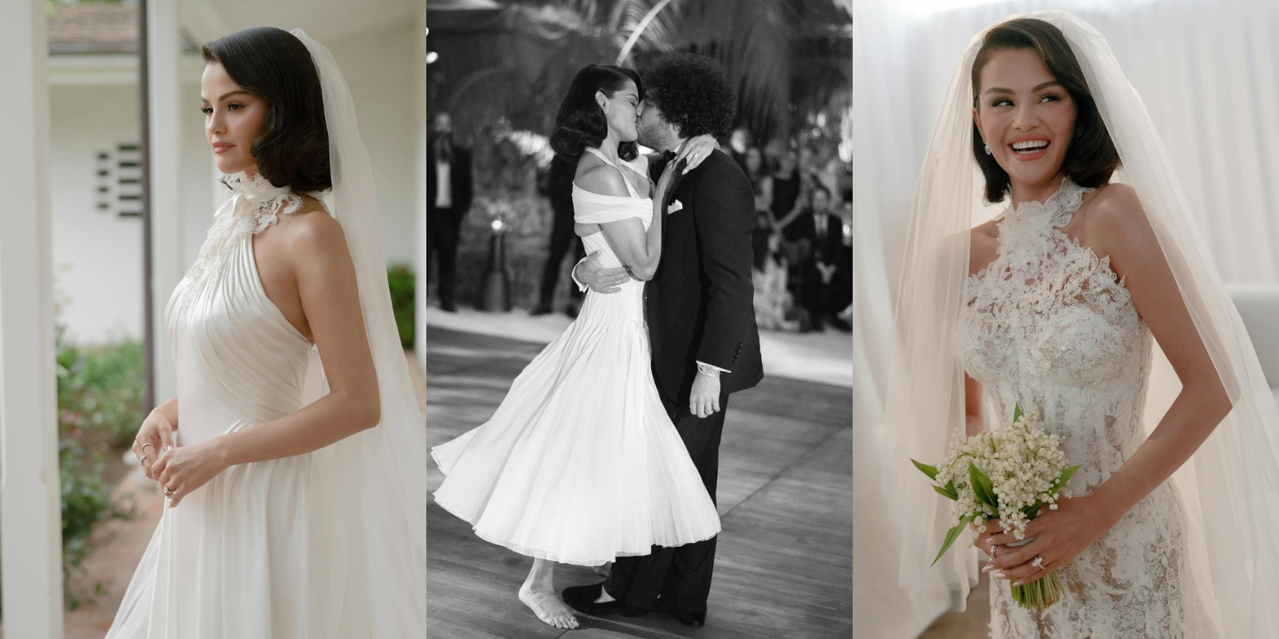 Selena Gomez usou 3 vestidos de casamento de marca bem conhecida. Saiba tudo
