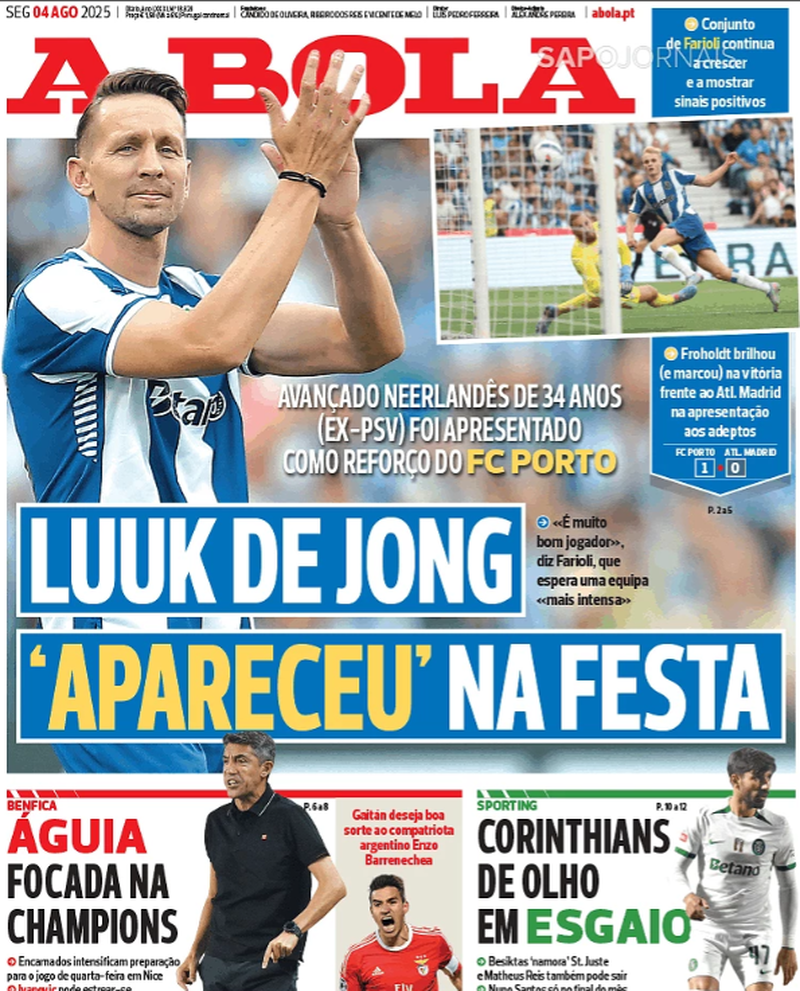 Capa do jornal A Bola, com notícias sobre o FC Porto e o interesse do Sporting em Hjulmand.