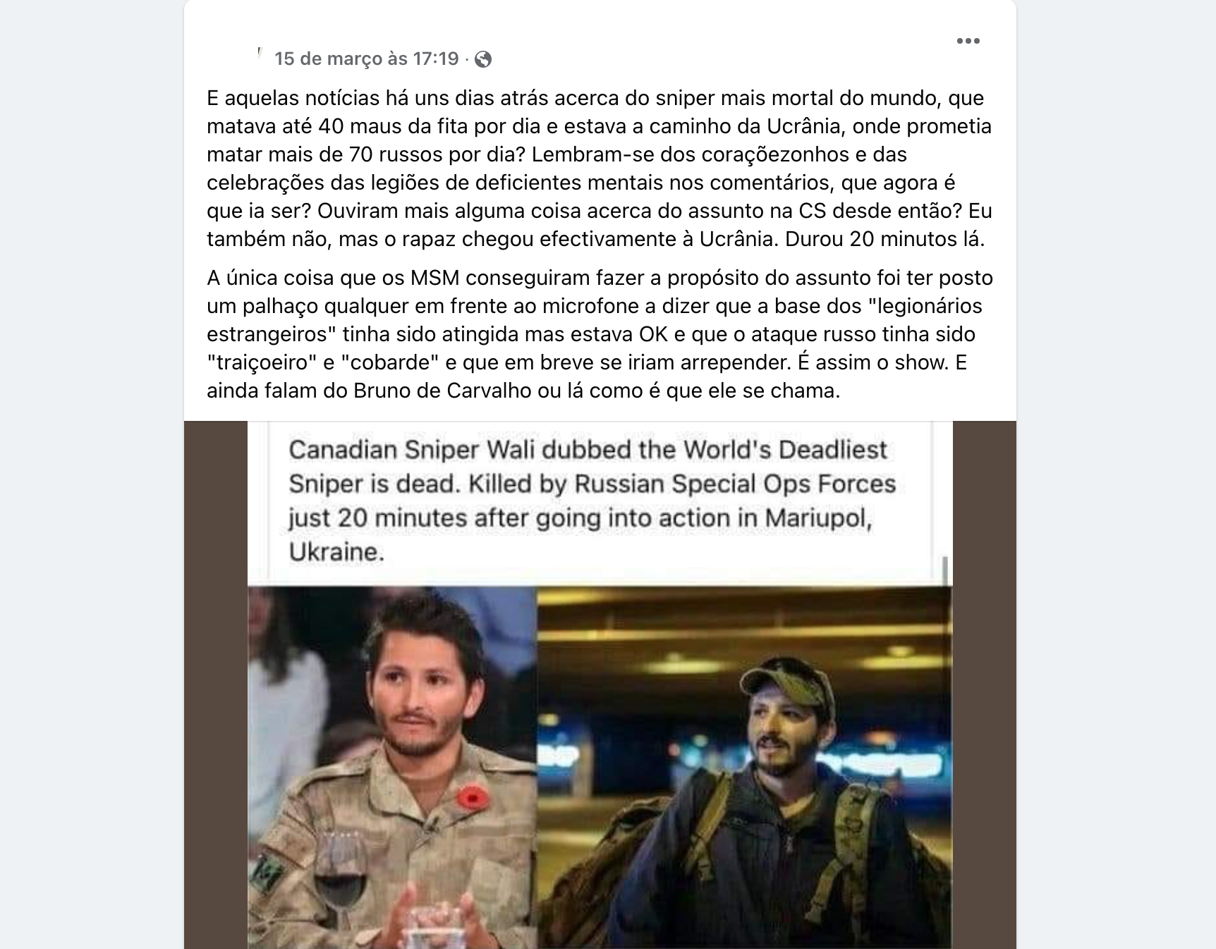 O sniper canadense “Wali” não foi assassinado minutos depois de sua chegada  à Ucrânia