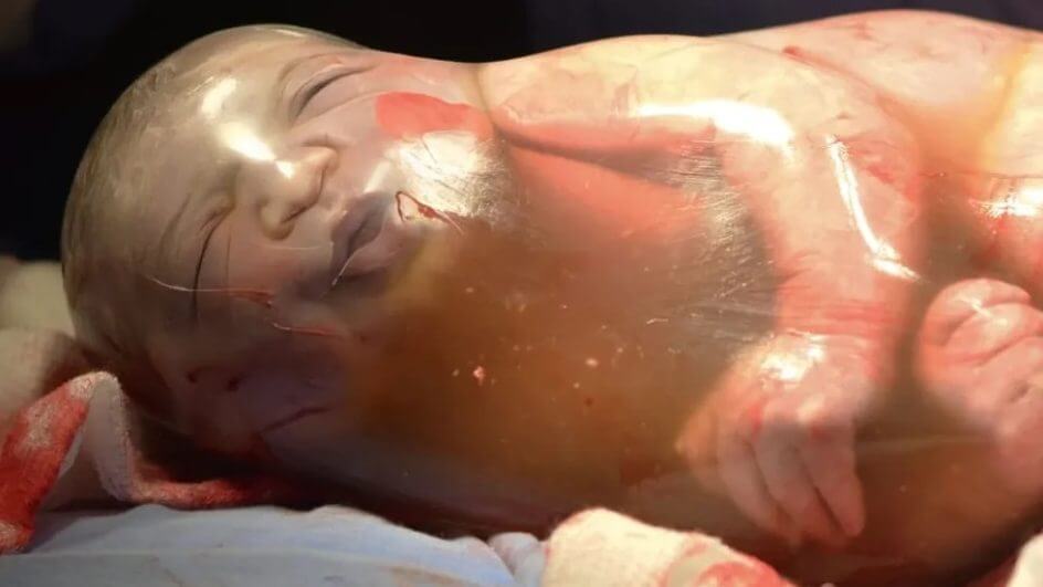 Fotógrafa capta momento em que bebé nasce ainda dentro da bolsa amniótica.