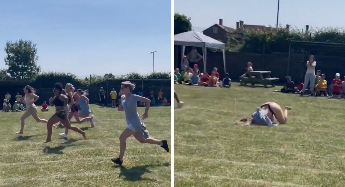 Mãe cai de cara no chão num momento hilariante na escola das filhas. Veja o vídeo