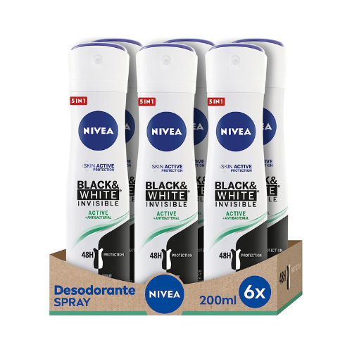 Nivea, Black & White Invisível Active Desodorizante em Spray Pack de 6 (6 x 200 ml)