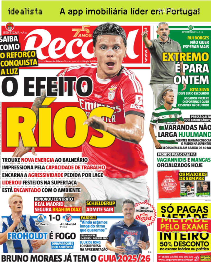 Capa do jornal Record, destacando a contratação surpresa no FC Porto e o efeito Ríos no Benfica.