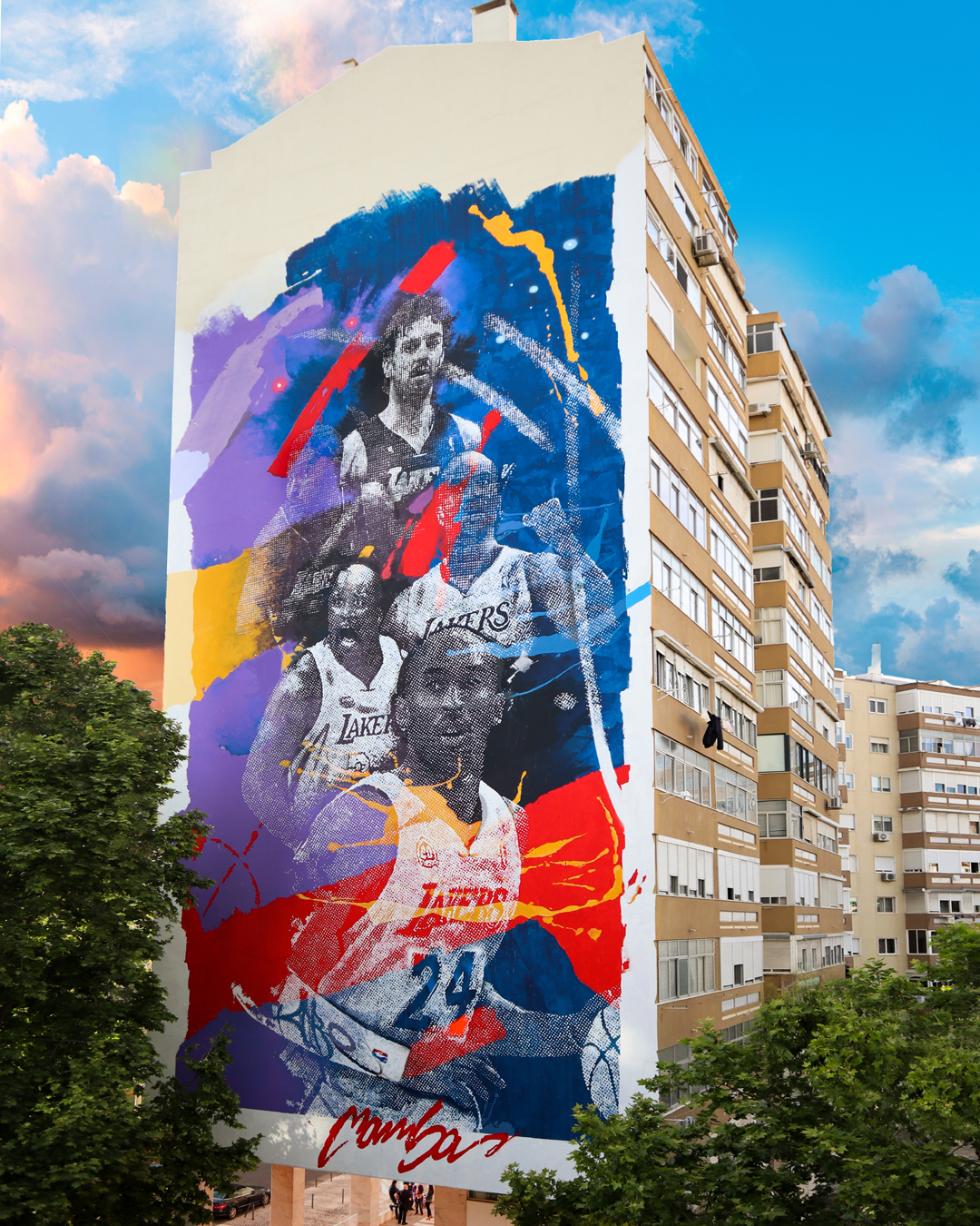 Kobe Bryant homenageado em Lisboa com obra de arte urbana em campo e prédio de 12 andares